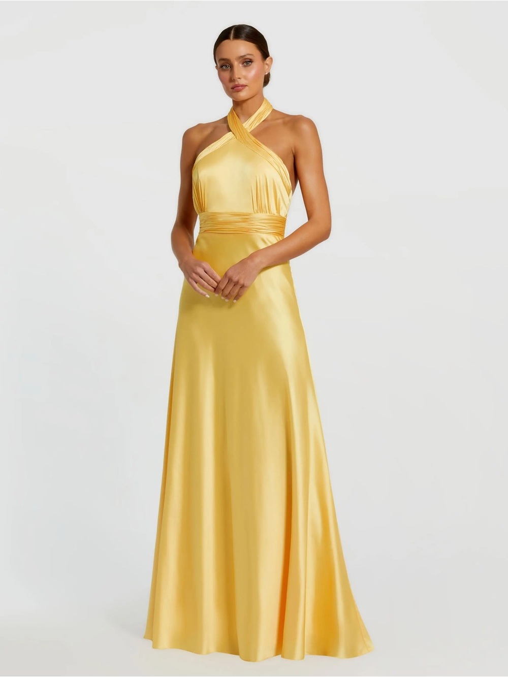 Mac Duggal 49728 Yellow Ruched Halter Neck Tie Back Satin Gown sz 2 NEW